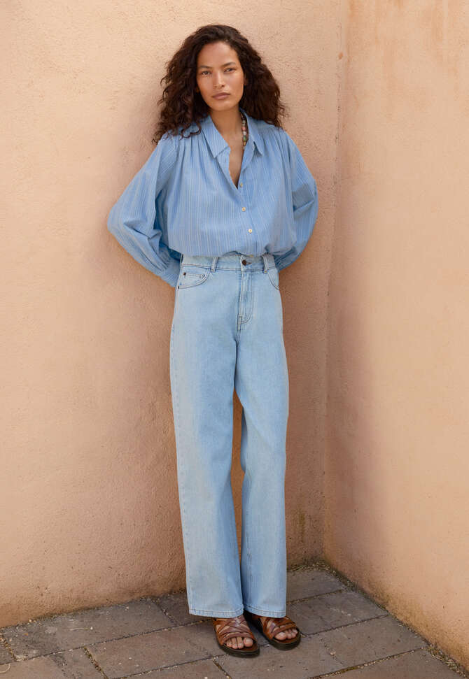 Striped blouse with gathers, Cornflower, completeTheLook