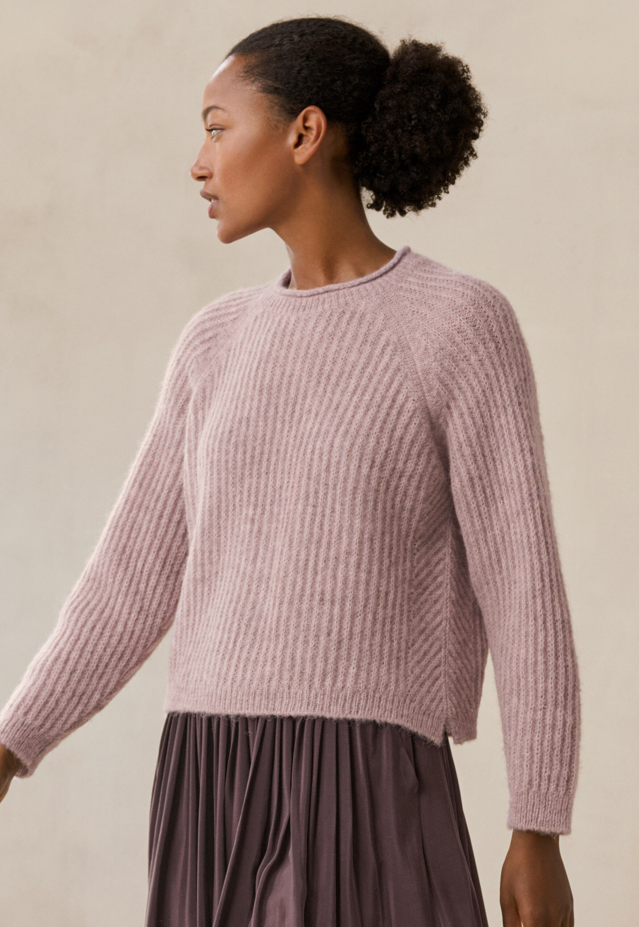 Round-neck ribbed sweater, Lilac grey, large